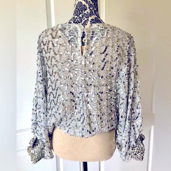 Neiman Marcus VTG 60’s Metallic Silver sequin Sheer dolman blouson Size S-M - Picture 7 of 17
